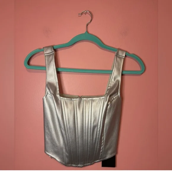 NWOT Japna Metallic Silver Zip Up Corset Faux Leather Crop Bustier Sz S - Picture 10 of 12